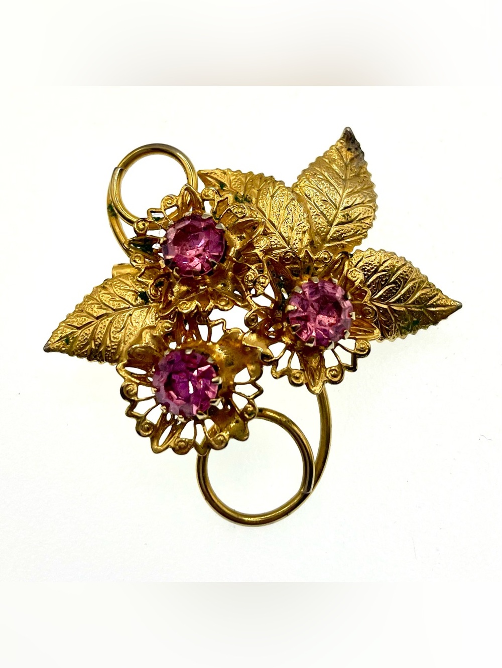 Vintage Gold Tone Pink Rhinestone Floral Brooch Textured Leaf Mid Century Pin